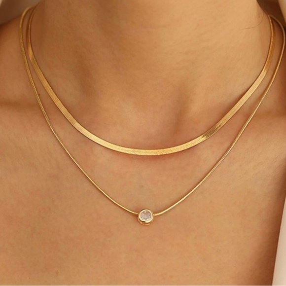 Gold 14k Gold Plated 2pc Herringbone CZ Necklace Set - Picture 1 of 2